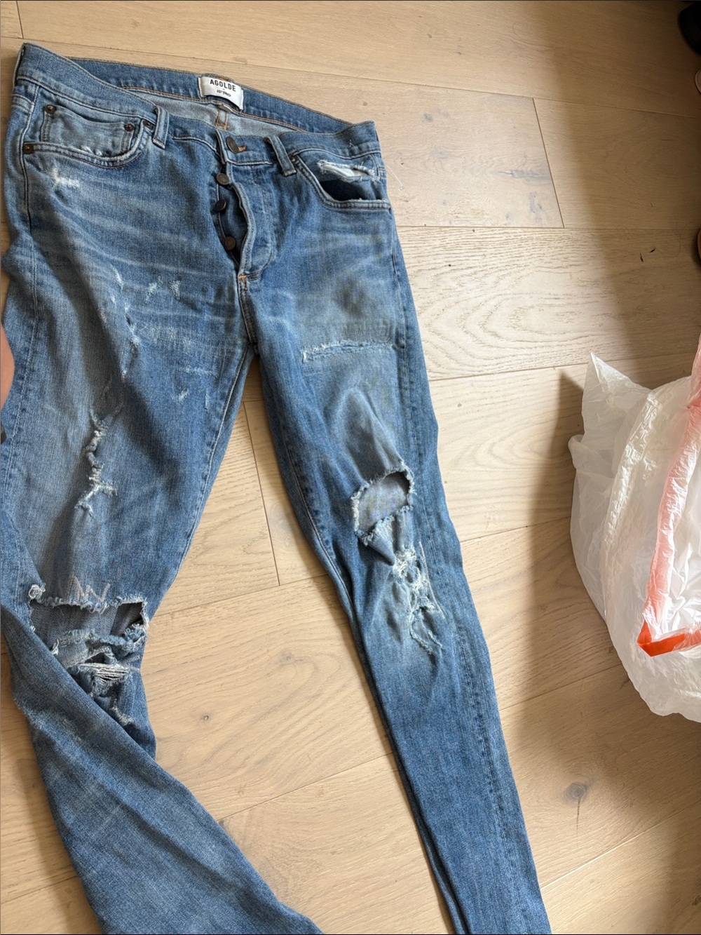 Agolde Distressed Skinny Jeans in Medium Blue Wash